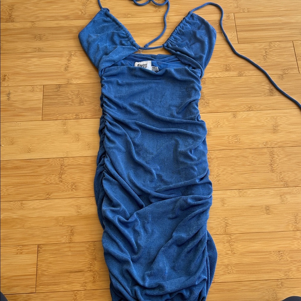 Blue Ruched Dress with Tie Neck Top